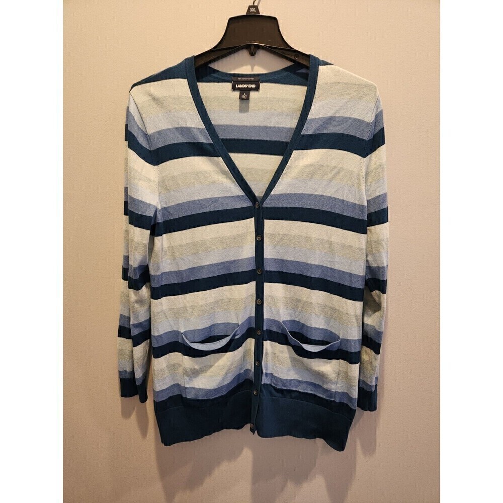 Lands End Womens Button Down Cardigan 100% Supima Cotton Sz L Blue/grey Stripe